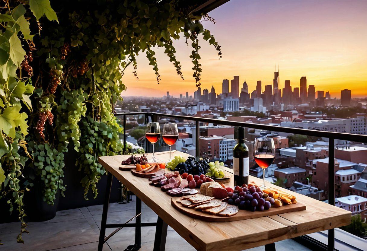 A stylish rooftop bar overlooking a vibrant city skyline during sunset, with lush grapevines creeping along the edges. Elegant glasses of wine sit on the table along with a delightful charcuterie board. The urban environment blends with elements of nature, showcasing the harmony between city life and viniculture. Warm and inviting atmosphere, with soft lighting illuminating the scene. super-realistic. vibrant colors. 3D.