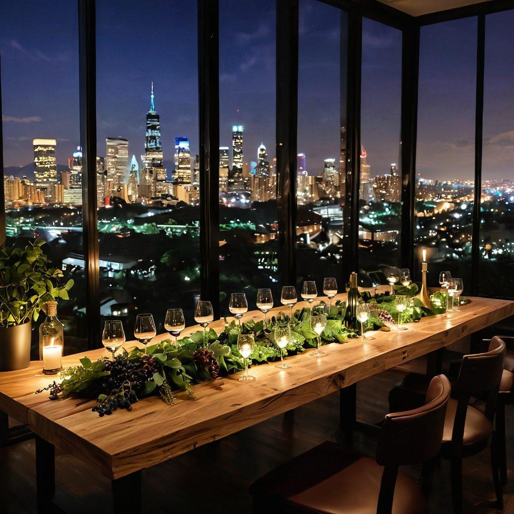 An elegant wine tasting setting in an urban environment, featuring a wooden tasting table adorned with assorted wine glasses and exquisite bottles. Surrounding the table are lush green plants, candlelight, and city skylines visible through large windows. Include a diverse group of people enjoying the experience, showcasing a balance of luxury and accessibility. The atmosphere should evoke warmth and sophistication. super-realistic. vibrant colors. urban chic.