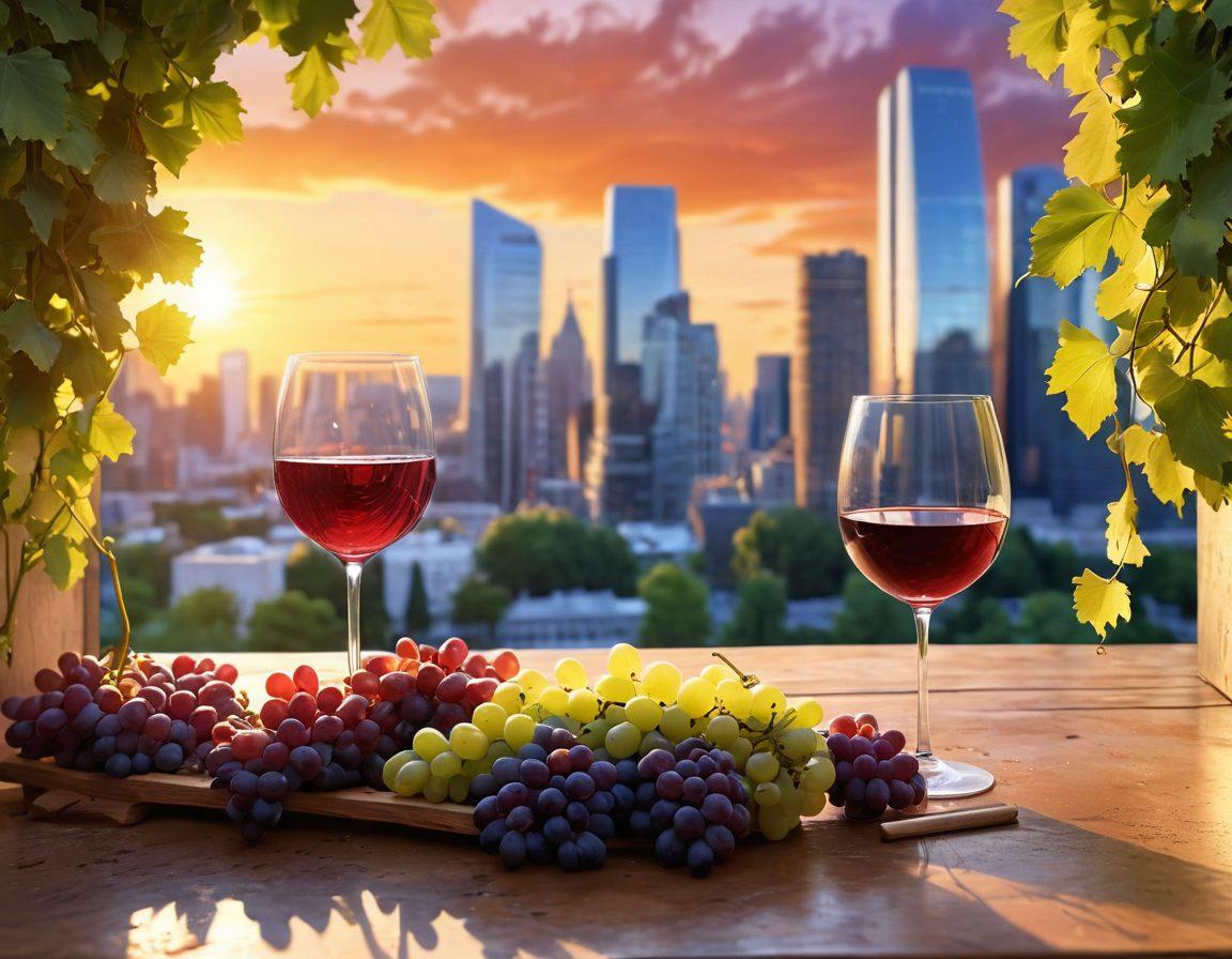 A vibrant urban scene with a stylish wine bar, filled with diverse people enjoying glasses of wine. In the foreground, grapes are being crushed by foot, symbolizing the journey from grape to glass. Background skyscrapers are adorned with green vines, blending nature with city life. A sunset sky casts warm golden hues over the scene, creating an inviting atmosphere. super-realistic. vibrant colors. urban digital art.